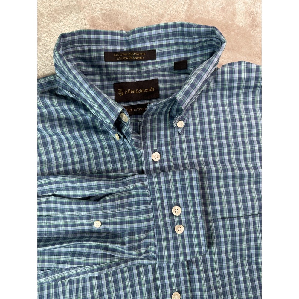 Allen Edmonds Performance Shirt Mens Large Blue‎ Plaid Stretch Button Down